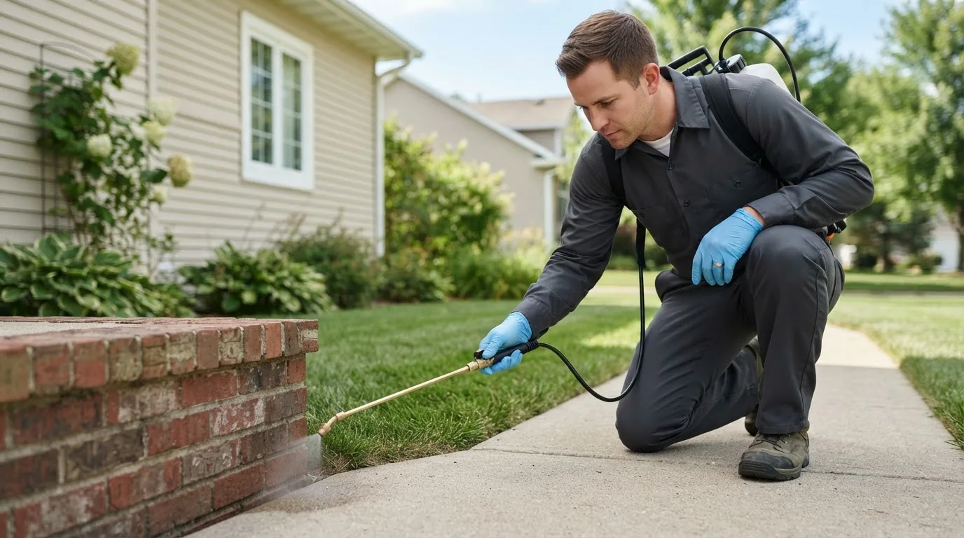 Pest control technician treating a home near Skaneateles Falls, NY