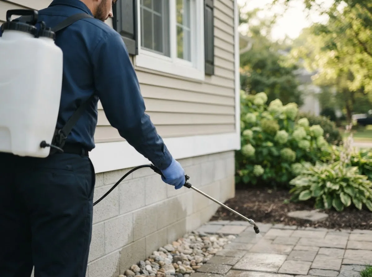 Pest control technician inspecting a home in Skaneateles Falls, NY